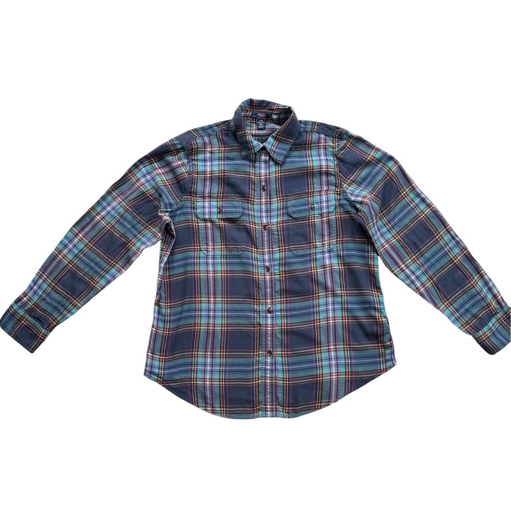 Chaps Denim Plaid Button Down Shirt Women Large Blue Purple Excellent Flannel